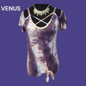 Venus Purple, Blue & Tan Tie-Dye Cold Shoulder Top. Size Small.